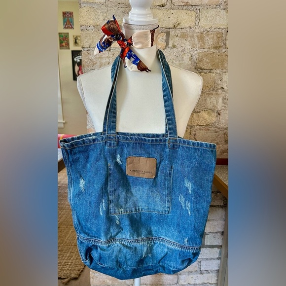 American Eagle Blue Distressed Denim Tote with White Text - Picture 3 of 3